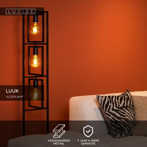Lucide LUUK - Vloerlamp - 3xE27 - Zwart - USP